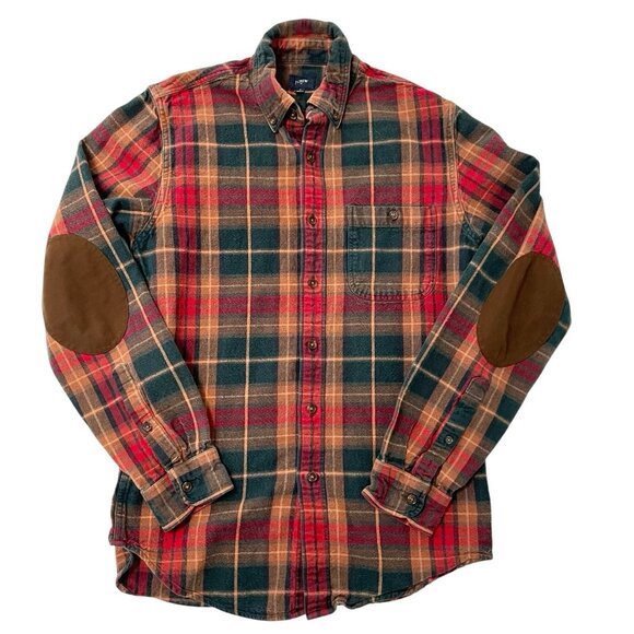 J Crew Plaid Elbow Patch Flannel Shirt Holiday Fall Winter Cabincore size Small - Picture 1 of 5